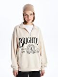 Dik Yaka Baskılı Uzun Kollu Oversize Kadın Sweatshirt