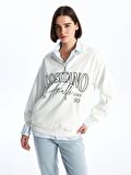 Dik Yaka Baskılı Uzun Kollu Oversize Kadın Sweatshirt