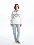 Dik Yaka Baskılı Uzun Kollu Oversize Kadın Sweatshirt