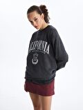 Bisiklet Yaka Baskılı Uzun Kollu Oversize Kadın Sweatshirt