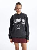 Bisiklet Yaka Baskılı Uzun Kollu Oversize Kadın Sweatshirt