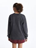 Bisiklet Yaka Baskılı Uzun Kollu Oversize Kadın Sweatshirt