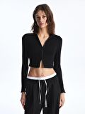 Dik Yaka Düz Crop Kadın Fermuarlı Sweatshirt