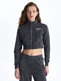 Dik Yaka Nakışlı Uzun Kollu Kadın Fermuarlı Sweatshirt