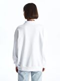 Polo Yaka Baskılı Uzun Kollu Oversize Kadın Sweatshirt