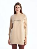 Bisiklet Yaka Baskılı Uzun Kollu Kadın Sweatshirt Tunik