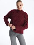 Yarım Balıkçı Yaka Kendinden Desenli Uzun Kollu Oversize Kadın Triko Kazak