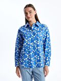 Çiçekli Uzun Kollu Oversize Poplin Kadın Gömlek