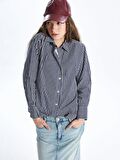 Çizgili Uzun Kollu Oversize Poplin Kadın Gömlek