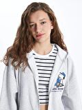 Kapüşonlu Snoopy Baskılı Uzun Kollu Oversize Kadın Fermuarlı Sweatshirt