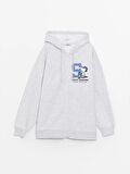 Kapüşonlu Snoopy Baskılı Uzun Kollu Oversize Kadın Fermuarlı Sweatshirt