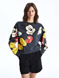 Bisiklet Yaka Mickey Mouse Baskılı Uzun Kollu Kadın Sweatshirt