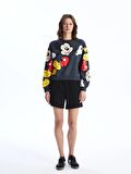 Bisiklet Yaka Mickey Mouse Baskılı Uzun Kollu Kadın Sweatshirt