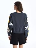 Bisiklet Yaka Mickey Mouse Baskılı Uzun Kollu Kadın Sweatshirt