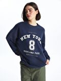 Bisiklet Yaka Baskılı Oversize Kadın Sweatshirt