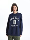 Bisiklet Yaka Baskılı Oversize Kadın Sweatshirt