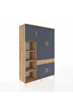 Hyperion Dolap 8 Raflı Tek Çekmeceli 5 Kapaklı 132x44x195 Çam-Antrasit/Çam