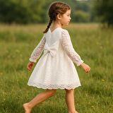 Kız Çocuk Elbise Uzun Kollu Fiyonklu Dantel Detaylı Sırt Baglamalı Bayramlık ve Özel Gün Elbisesi
