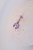 Pembe Taşlı Çelik Göbek Piercingi