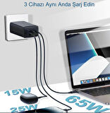 65W 2 Pd+ QC3.0 3 Bağlantı Noktalı USB-C Duvar Şarj Cihazı Süper Hızlı Şarj Cihazı Hızlı Adaptör