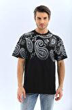Unisex Oversize Baskılı Bisiklet Yaka T-Shirt - Siyah