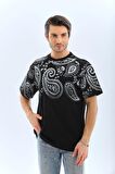 Unisex Oversize Baskılı Bisiklet Yaka T-Shirt - Siyah