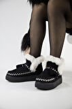 219851142-1P Kadın Yumuşak Rahat Kürklü Bot - Tekstil Süet Kışlık Siyah Bot