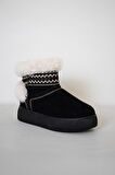 219851142-1 Kadın Yumuşak Rahat Kürklü Bot - Tekstil Süet Kışlık Siyah Bot