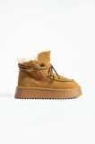Kadın Taba Süet Yumuşak Deri, Kürklü Kışlık Bağcıklı Bot