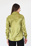 Kadın Hafif Dökümlü Yağ Yeşil Saten Gömlek