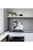 Dekoratif Cam Ocak Koruyucu ve Kesim Tahtası Gri Altın Mermer (60cm x 52cm) 2 Parça, 4'lü Ocaklar