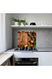 Dekoratif Cam Ocak Koruyucu ve Kesim Tablası Tahta ve Ahşap ve Sebzeler 60cm x 52cm 2 Parça, 4'lü Ocaklar