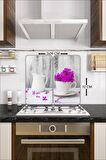 Dekoratif Cam Ocak Koruyucu Ve Kesim Tahtası Mor Çiçek 60cm X 52cm 2 Parça, 4'lü Ocaklar