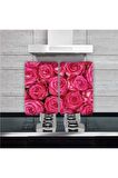 Dekoratif Cam Ocak Koruyucu Ve Kesim Tahtası Koyu Pembe Güller 60cm X 52cm 2 Parça, 4'lü Ocaklar