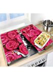 Dekoratif Cam Ocak Koruyucu Ve Kesim Tahtası Koyu Pembe Güller 60cm X 52cm 2 Parça, 4'lü Ocaklar