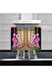 Cam Ocak Koruyucu Ve Kesim Tablası Yeşil Pembe Çiçekler (60cm X 52cm) 2 Parça, 4'lü Ocaklar
