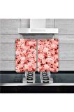 Cam Ocak Koruyucu Ve Kesim Tablası Çoklu Güller (80cm X 52cm) 2 Parça, 5'li Ocaklar