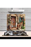 Dekoratif Cam Ocak Arkası Koruyucu ve Kesme Tahtası Taş Ev  (50cm x 56cm) Tek Parça
