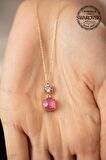 Swarovski Taşlı Çift Taş Model Rose Kaplama Gümüş Crystal Kolye