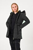 Kışlık Yaka Kürklü Uzun Kadın Şişme Mont