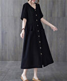 Keten Günlük Rahat V Yaka Beli Büzgü Detaylı Düğmeli Elbise