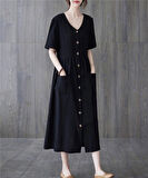 Keten Günlük Rahat V Yaka Beli Büzgü Detaylı Düğmeli Elbise