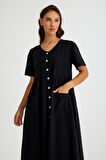 Keten Günlük Rahat V Yaka Beli Büzgü Detaylı Düğmeli Elbise