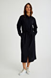 Keten Günlük Rahat Beli Bağcık Detaylı Uzun Kol Elbise