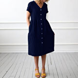 Keten Günlük Yazlık V yaka Kısa Kol Düğme Detaylı Kadın Elbise