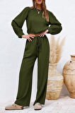 Keten Yazlık Yüksek Bel Pantolon Balon Kol Tasarım Bluz İkili takım Alt Üst