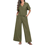 Zarif Kadin T-shirt ve Uzun Pantolon Alt Üst İkili Takım V Yaka Kısa Kollu Salaş Rahat Elbise