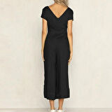 Keten Günlük Yazlık V Yaka Kısa Paça Tasarım Kadın Tulum