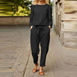 Keten Günlük Rahat Beli Kemerli Kadın İkili Takım Alt Üst