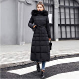 Kışlık Uzun Kürklü Kapüşonlu Kadın Şişme Mont